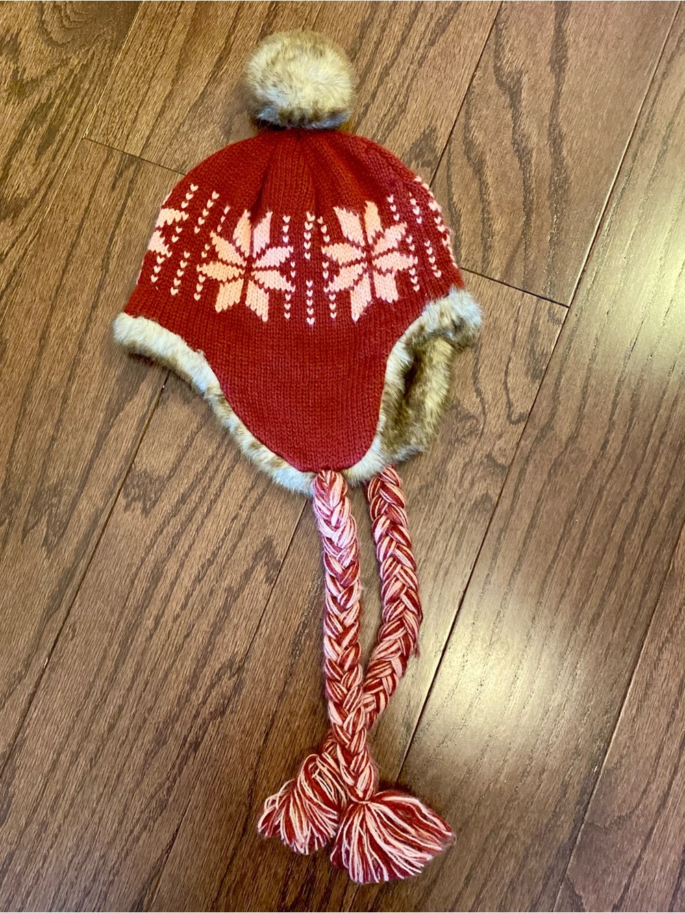 Burgundy Knit Earflap Pom Pom Hat with Faux Fur Trim